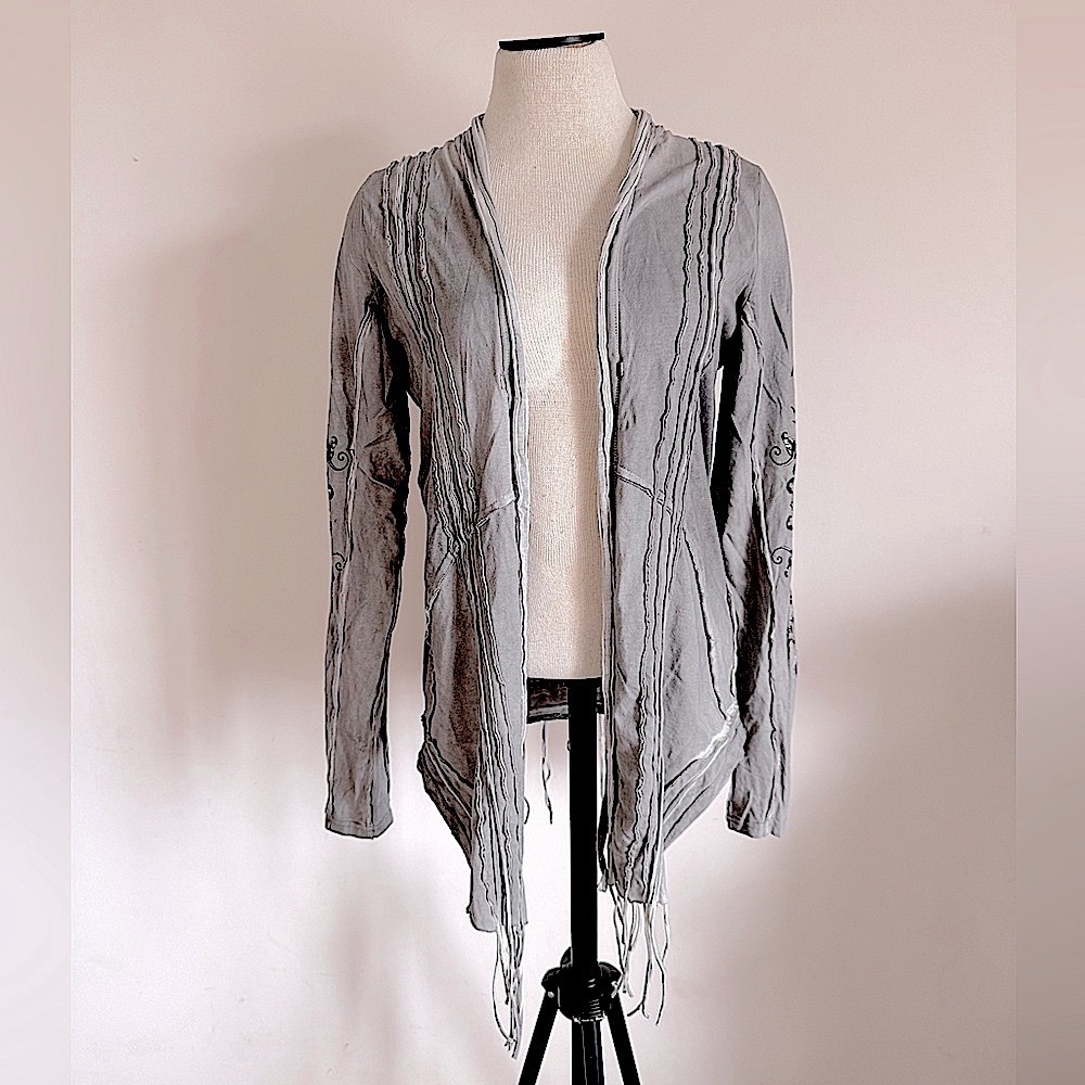 MISS ME Grey Long Sleeve Shawl Long Sleeve Fringe Wrap Top Rhinestones Medium